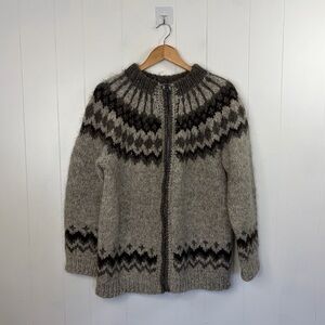 Vintage Wool Fair Isle Sweater Nordic Oversized Cardigan Boho Cabin Winter Large